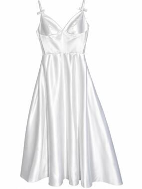White Satin A-Line Wedding Dress V-Neck Bow Straps Mesh Bodice